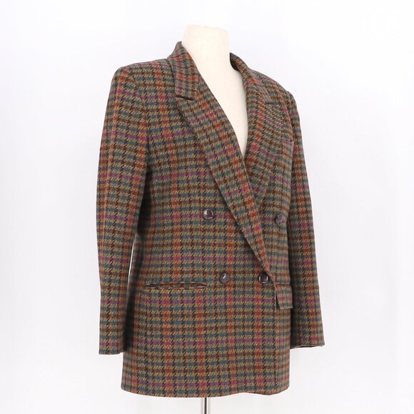 VINTAGE GIORGIO SANT'ANGELO Houndstooth Wool Double Breasted Blazer Size 12 - Picture 2 of 6